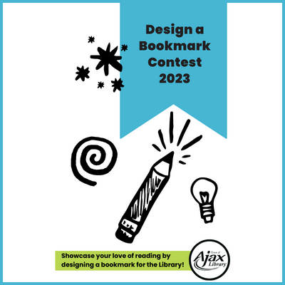 A graphic with a blue bookmark in the top right corner of the graphic. Text on the blue bookmark says Design a Bookmark Contest 2023. Illustrations of a pencil, stars, a swirl, and a light bulb are spread out throughout the graphic. A green rectangle at the bottom of the page has text at the bottom that says Showcase your love of reading by designing a bookmark for the Library!