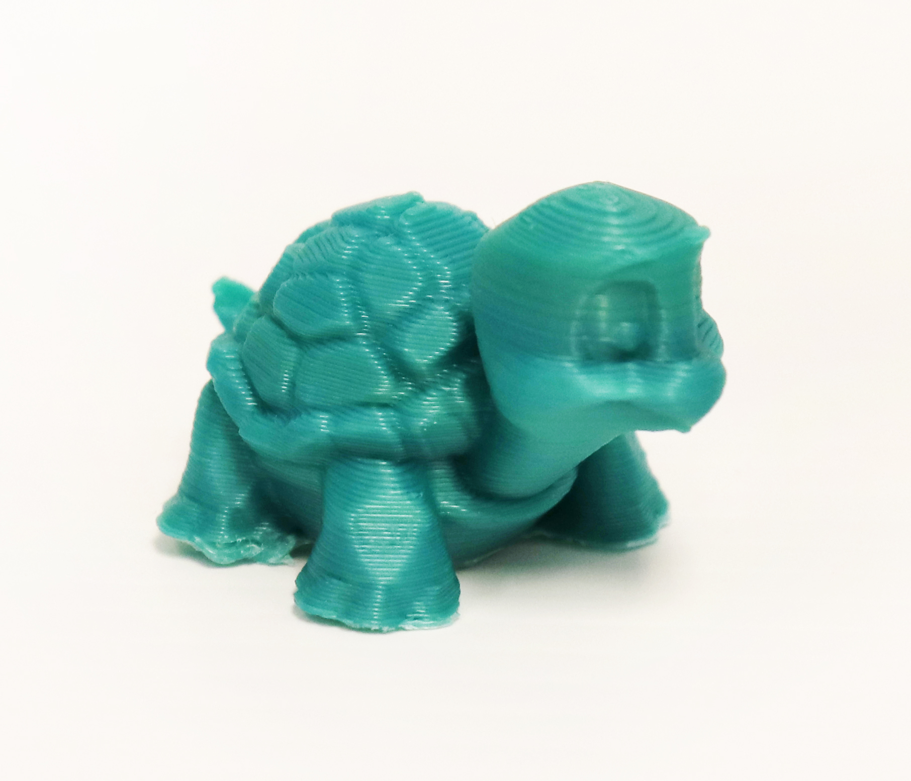 A green 3D printed cartoon turtle.