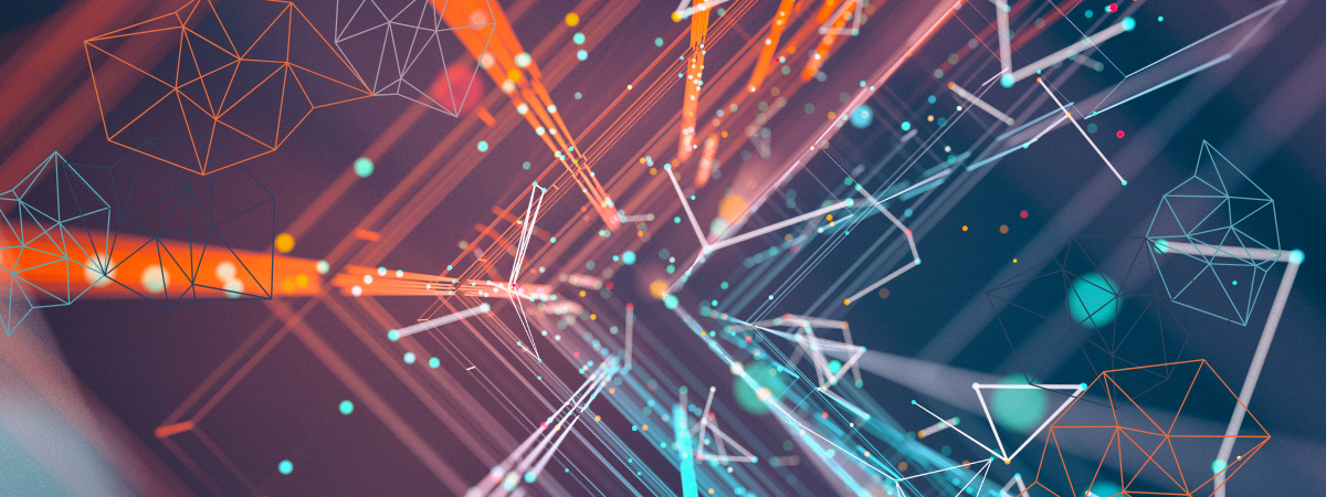 A gradient background of blues, pinks and orange with lines of light.