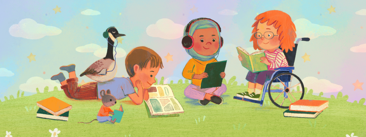 Illustration of three children reading together on a grassy hill with a mouse and Canada goose.