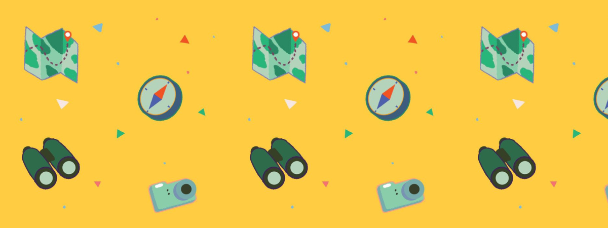 Yellow background with illustrations of compasses, binoculars, and maps.