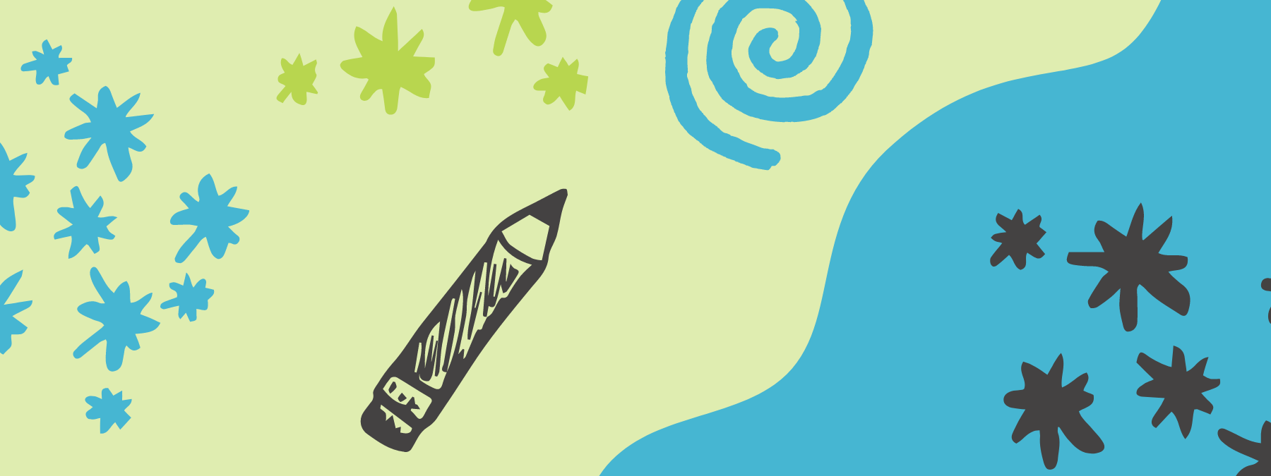 Bright blue and green background with illustrations of stars, swirls, and a pencil.