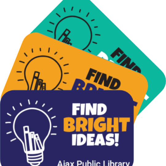Three "Find Bright Ideas" Library cards in navy, yellow, and teal. 