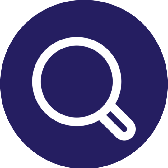 Magnifying glass icon in white on a navy circle background. 
