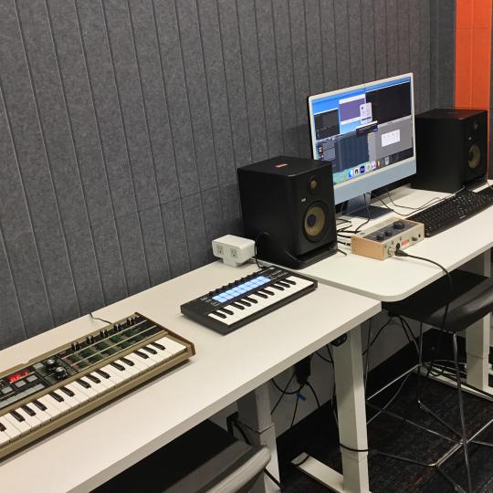 Equipment on a table in The Booth.