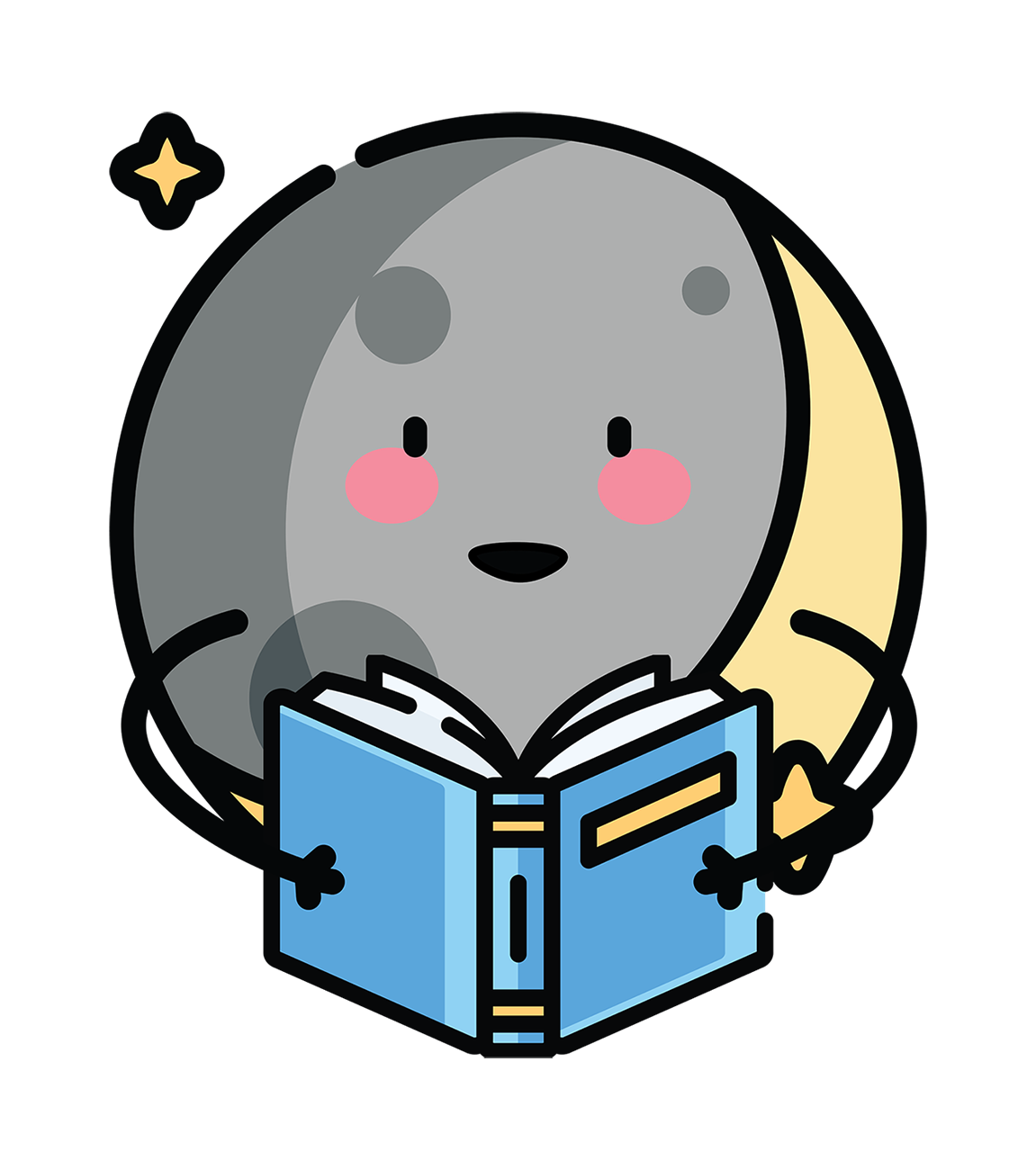A smiling dark grey, light grey, and light yellow crescent moon holding a light blue book.