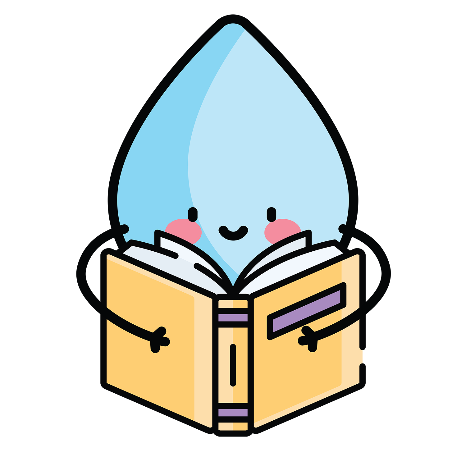A smiling blue raindrop reading a yellow book.
