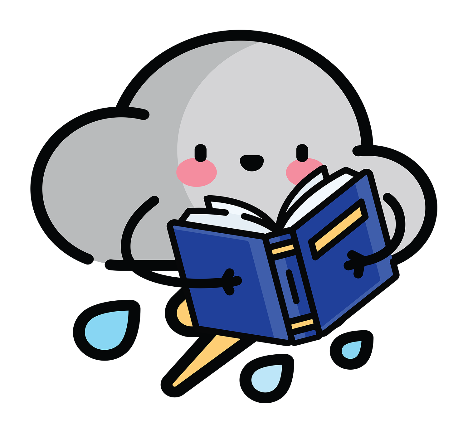 A smiling light grey storm cloud with rain and lightning reading a dark blue book. 