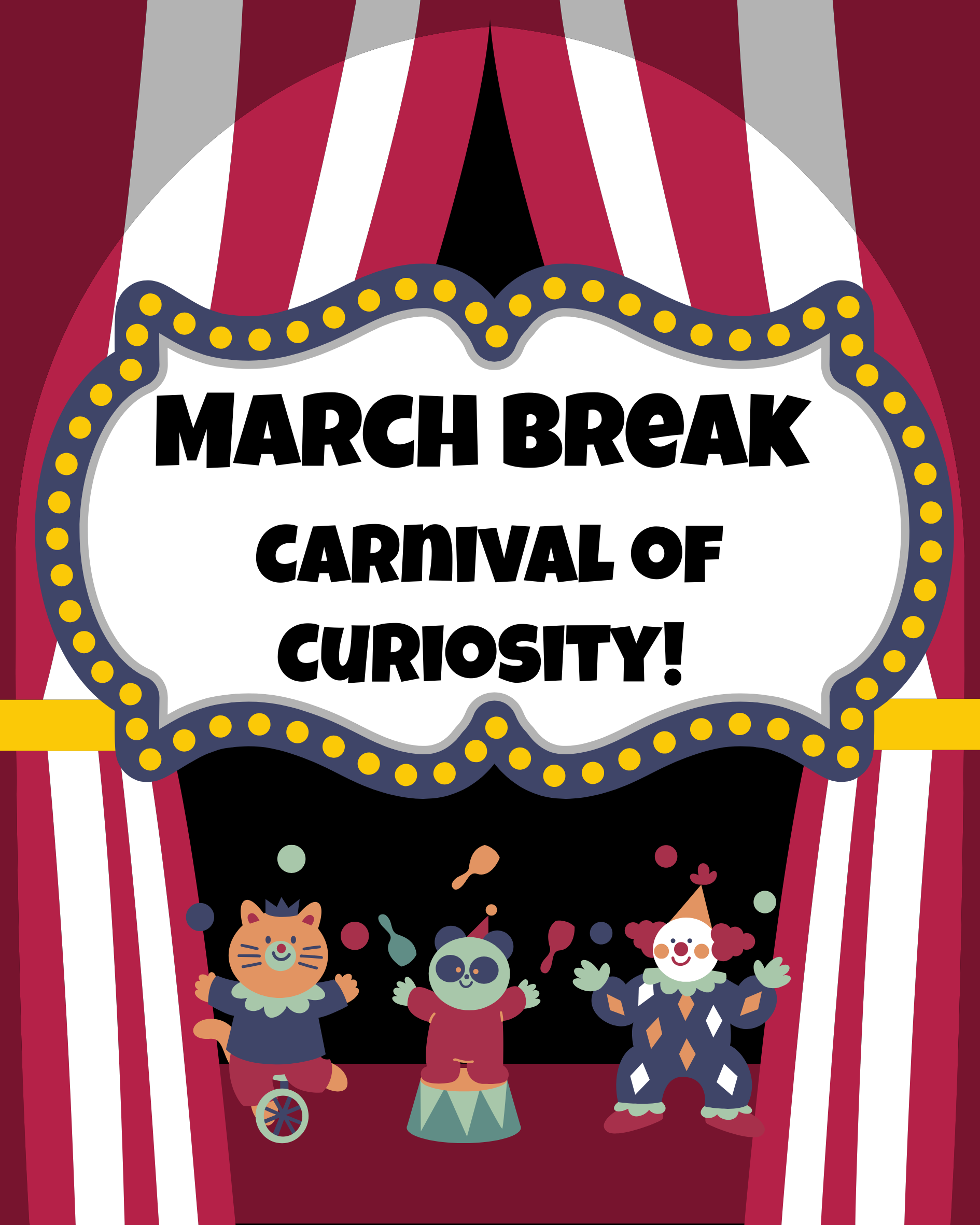 Three cartoon carnival animals stand in between curtains juggling.