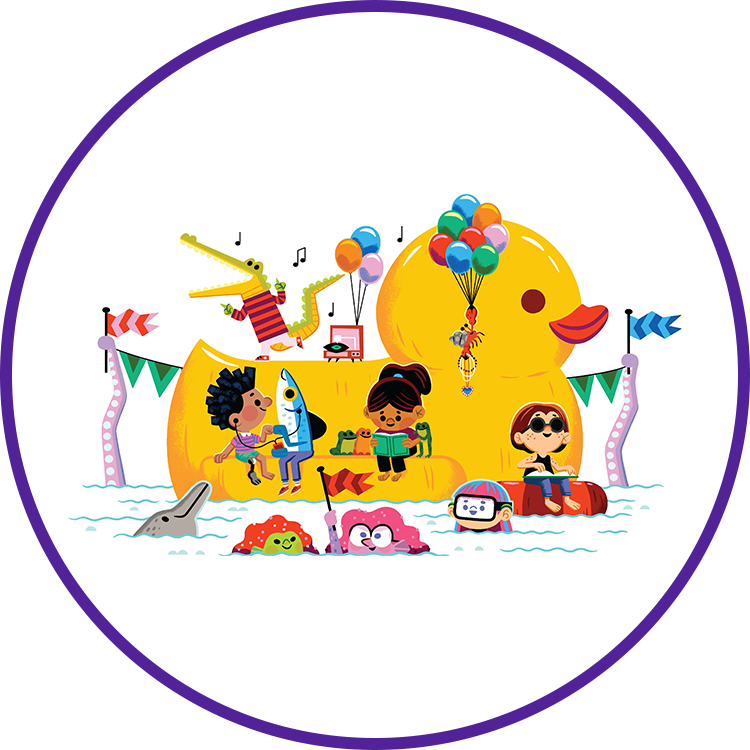 A cartoon drawing of kids having a party on a giant rubber duck, with a round purple border.