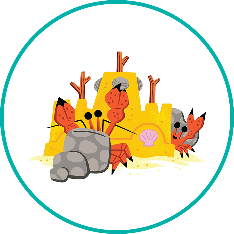 A cartoon drawing of crabs playing in the sand with a round teal border.
