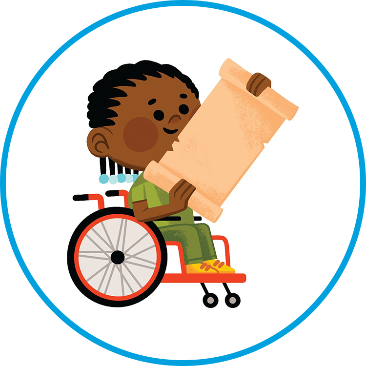 A cartoon drawing of a boy in a wheelchair reading a scroll with a round blue border.