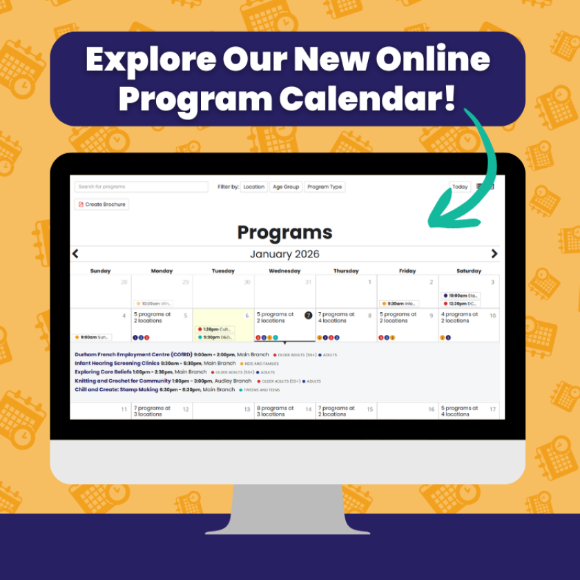 Yellow and navy blue background with an illustration of a computer monitor.