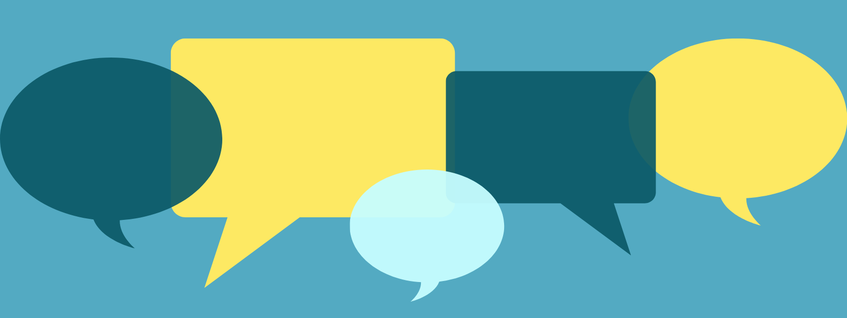 Teal background with yellow, dark teal and light blue speech bubbles.