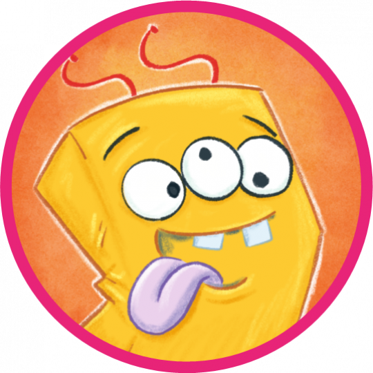 A square-shaped, three-eyed monster is sticking out his tongue. He has two pink squiggly antennas over an orange background.