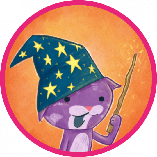A purple cat in a dark blue wizard hat with stars. He his holding a wand over an orange background.