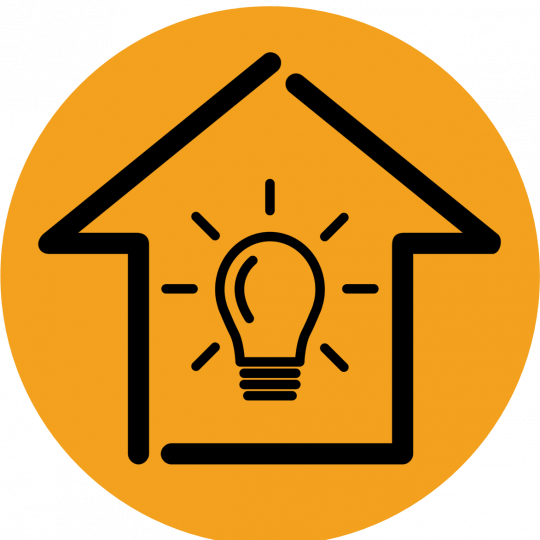 Centre for Understanding icon, lightbulb in a house outline on a yellow background. 