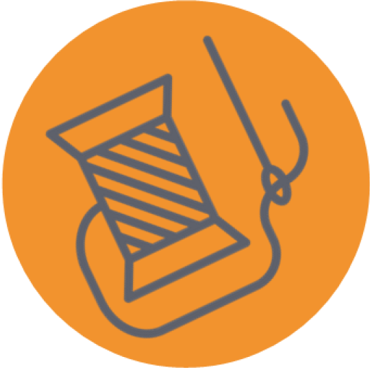 A needle and thread icon on an orange circle.