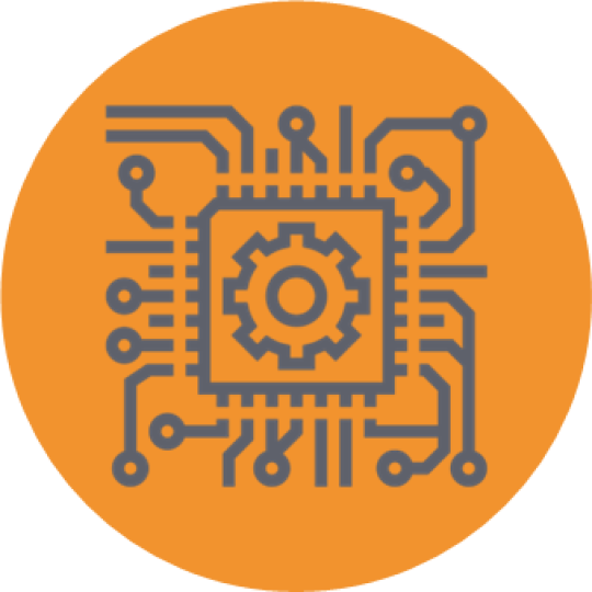 A circuit icon in an orange circle. 