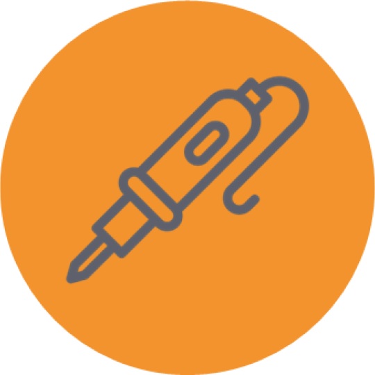 A soldering iron icon in an orange circle.
