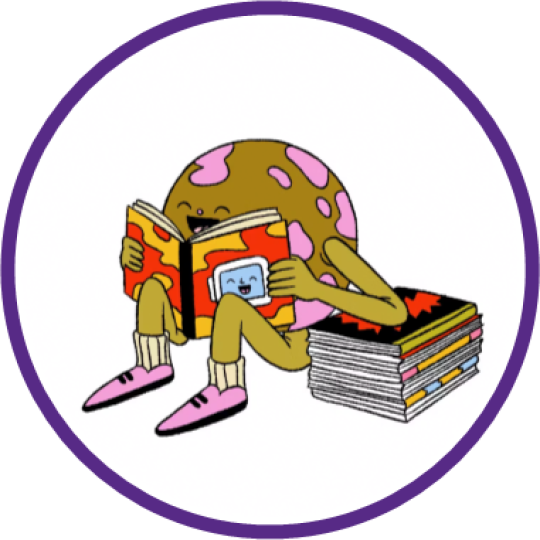 A green and pink globe with arms and legs, reading a book beside a stack of books.