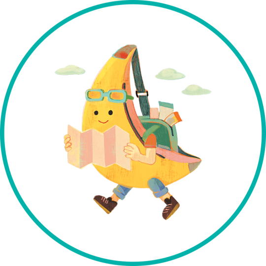 An illustration of a banana walking and holding a map.