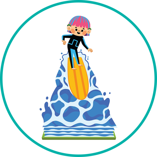 A cartoon drawing of a girl on a surfboard with a round teal border.