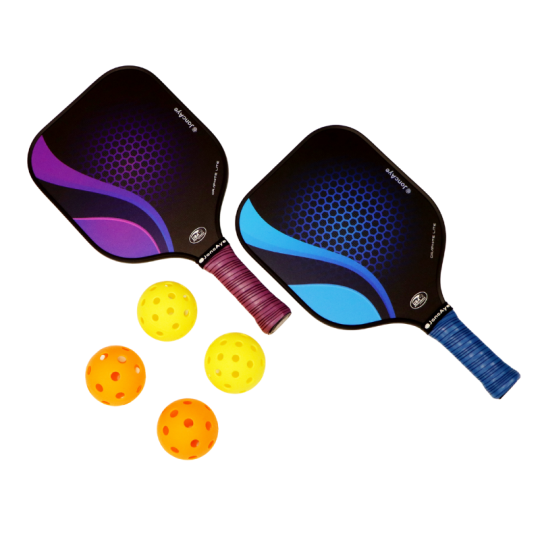 Two pickleball paddles and four pickleball balls.