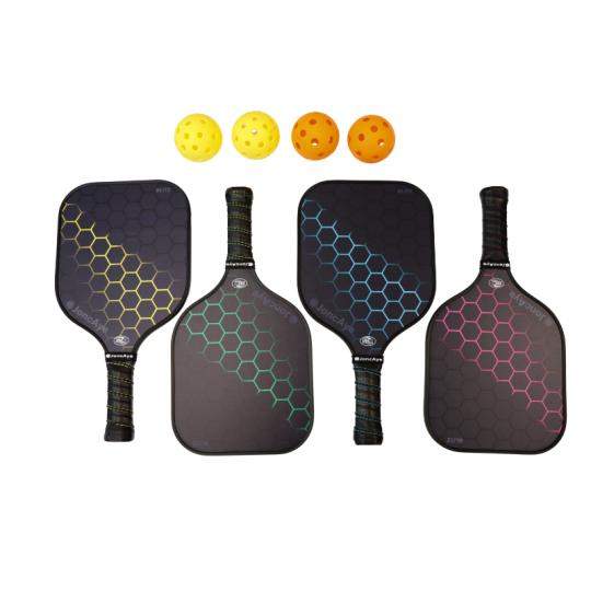 Four pickleball paddles and four pickleball balls.
